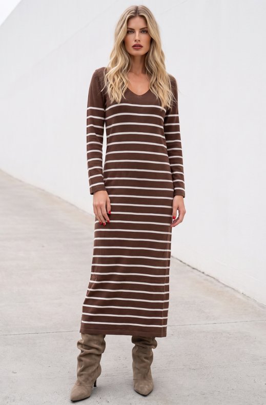 Mixed Brands - V-neck Dress with Stripes WL080110 - Brown