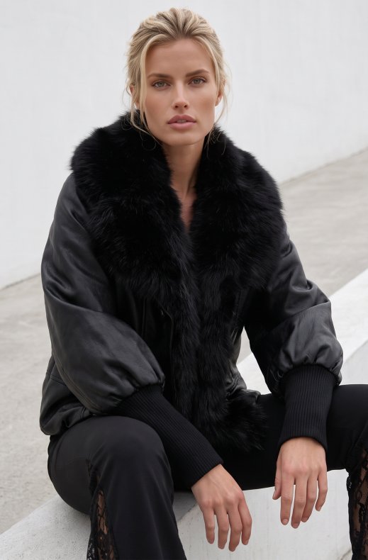 Mixed Brands - Vegan Leather jacket with faux fur CV2228 - Black
