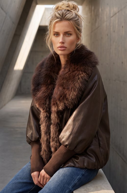 Mixed Brands - Vegan Leather jacket with faux fur CV2228 - Choco