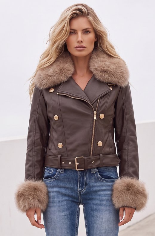 Mixed Brands - Faux Fur Vegan Jacket XS262003 - Coffee - Beige collar