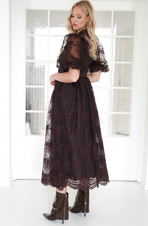 Mixed Brands - Lace Dress with puff sleeve 27535 - Coffee