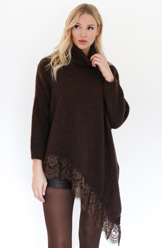 Mixed Brands - Polo Pullover Asymmetric with lace 10611 - Choco