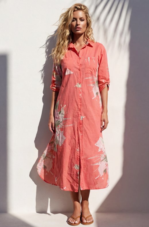 Mixed Brands - Shirt Dress with Flowers 1985-17 - Coral