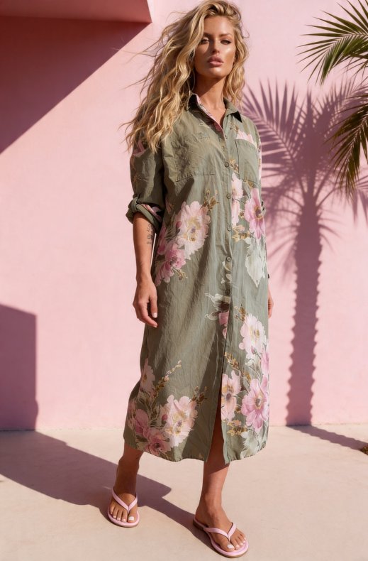 Mixed Brands - Shirt Dress with Flowers 1985-17 - Oliv