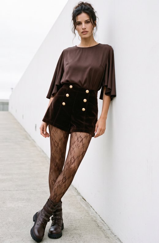 Mixed Brands - High Waist Velvet Shorts with Gold Button W46896 - Chocolate