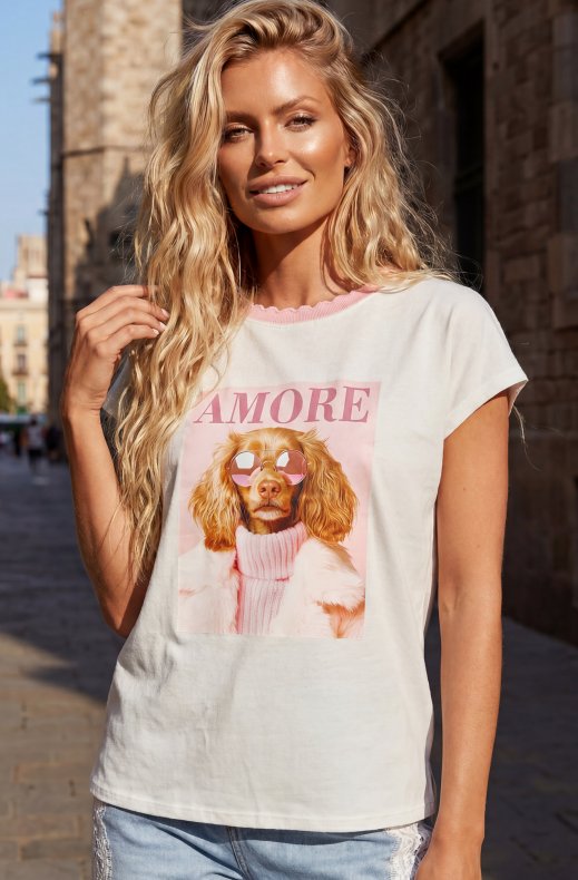 Mixed Brands - Tshirt with Dog Amore 52127 - White/Pink