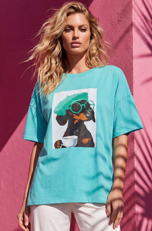 Mixed Brands - Tshirt Sausage Dog Drinking Coffee 6655B - Turquoise
