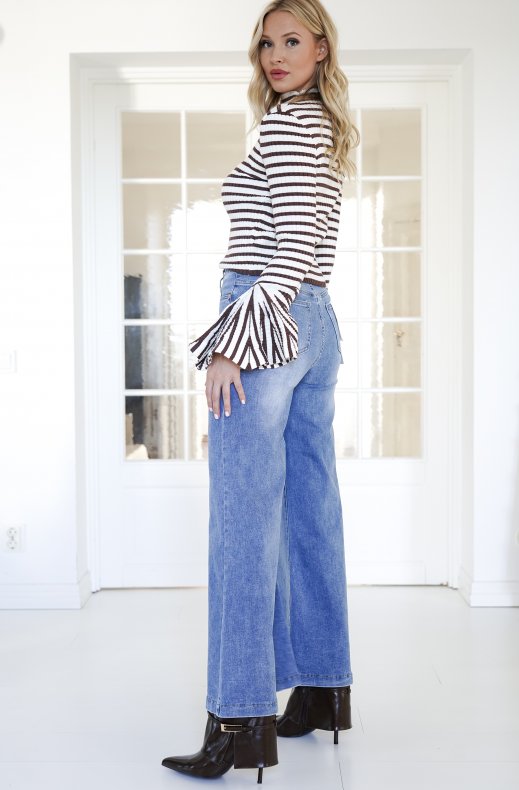 Mixed Brands - Striped top with Trumpet sleeve 20509 - Coffee White