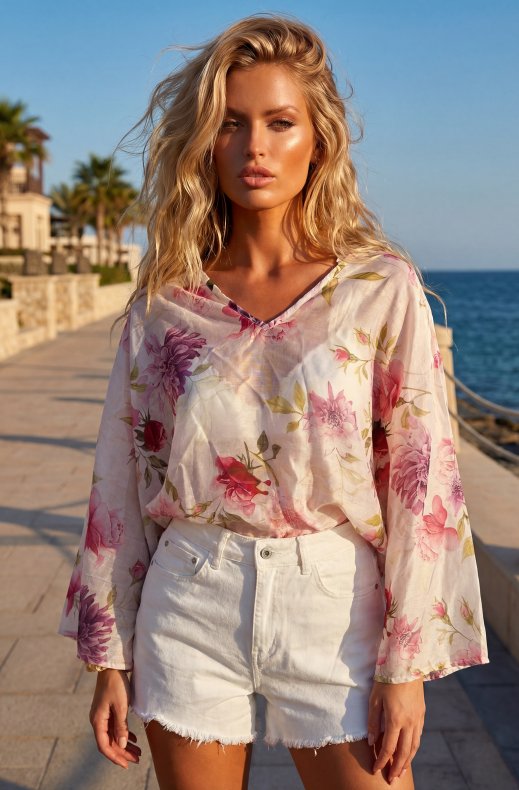 Mixed Brands - V-neck Blouse TH25726BCST - Pink