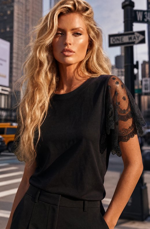 Mixed Brands - Top with Lace Sleeve TS3923 - Black