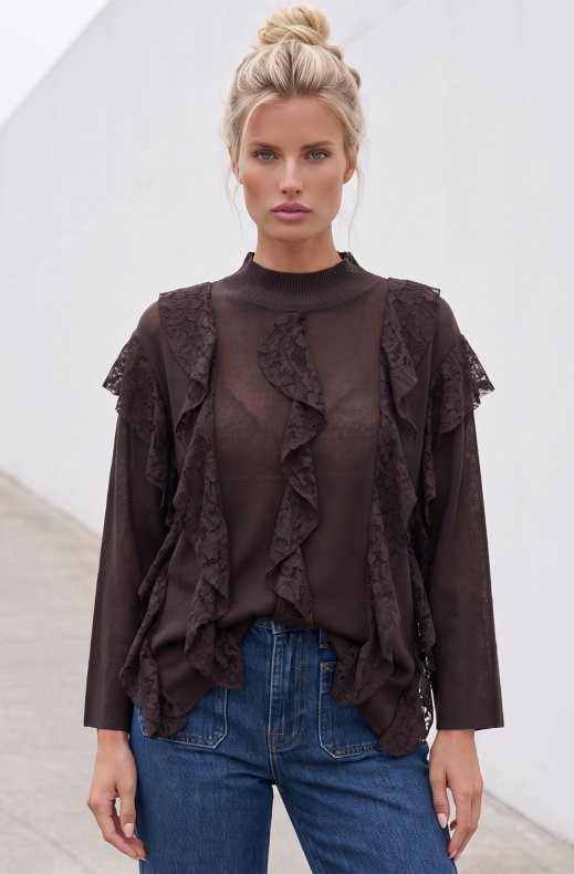Mixed Brands - Top with lace ruffles LR095782 - Dark Brown