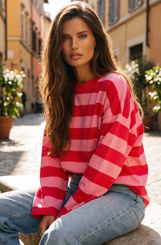 Mixed Brands - Striped Sweater TE567 - Red/Pink