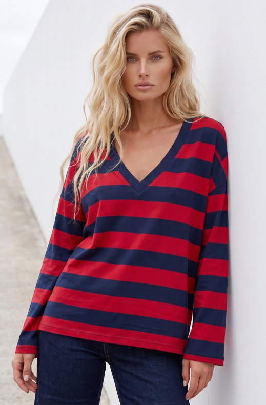 Mixed Brands - Striped V-neck Sweater TE568 - Navy/Red