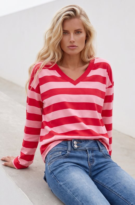 Mixed Brands - Striped V-neck Sweater TE568 - Red/Pink